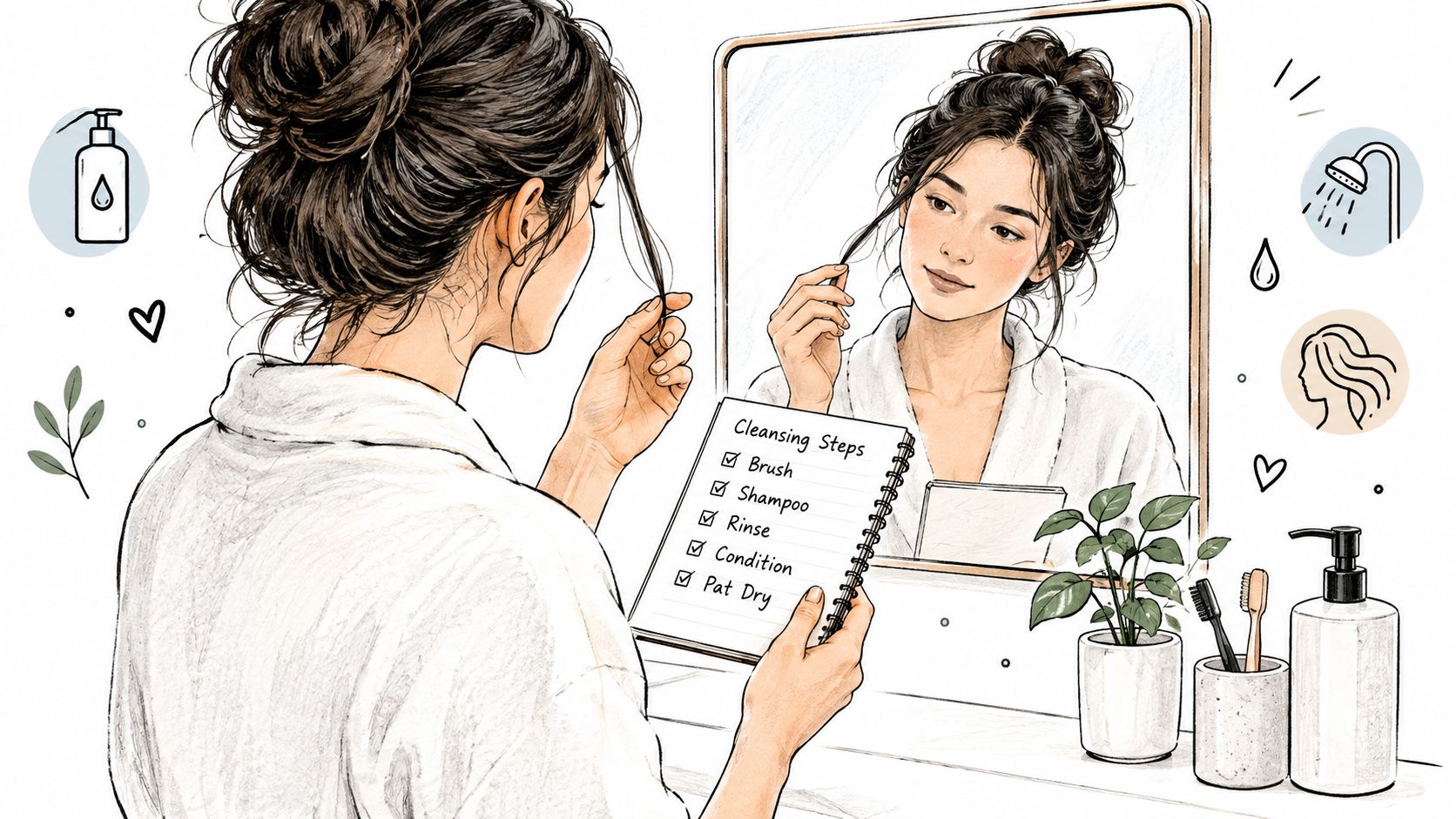 A woman in a robe checks a cleansing steps list while preparing for her hair washing routine.