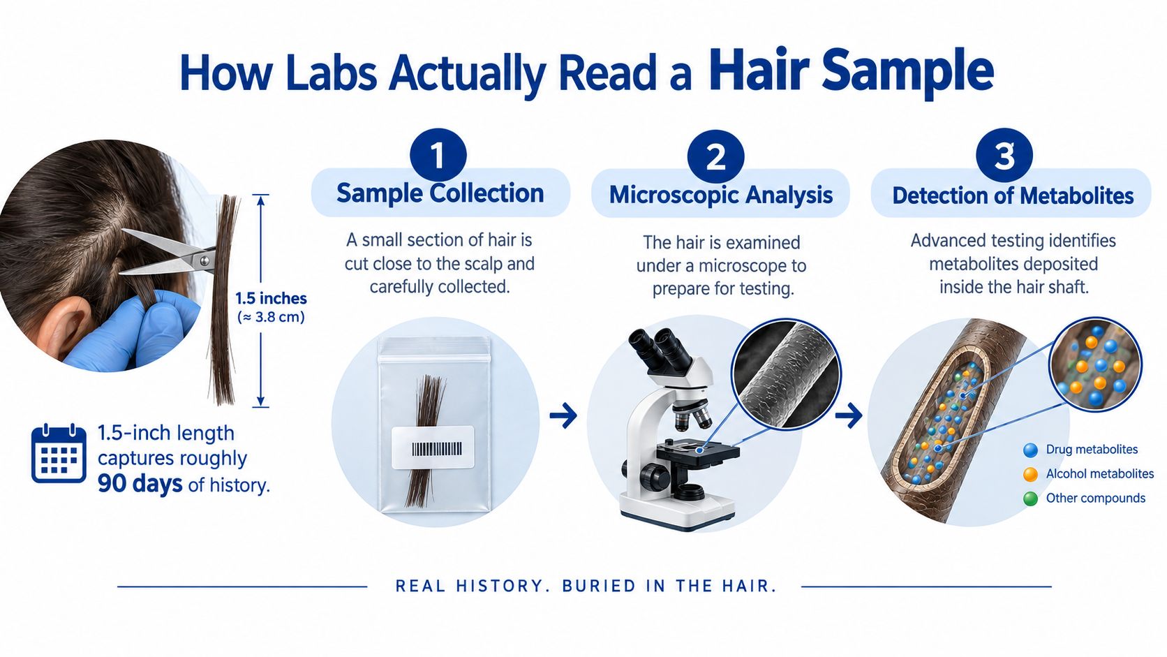 A diagram illustrating the three steps of hair drug testing: sample collection, microscopic analysis, and metabolite detection.